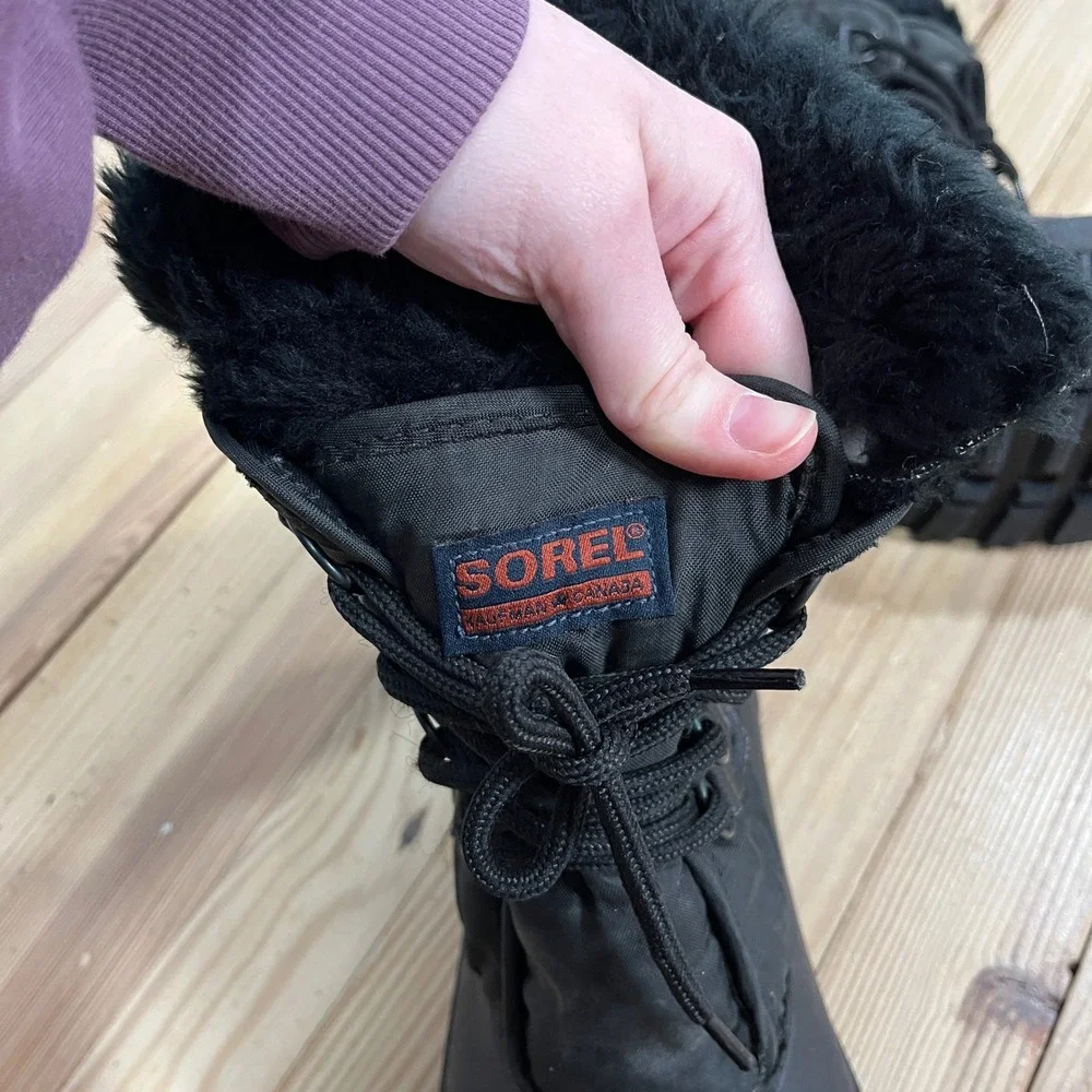 Sorel Black Winter Snow Boots Mid-Calf Faux Fur Trim Lace Up Insulated Womens 10